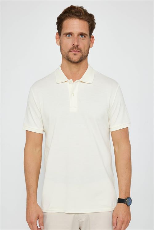 Erkek Slim Fit Dar Kesim %100 Pamuk Düz Pike Ekru Polo Yaka Tişört