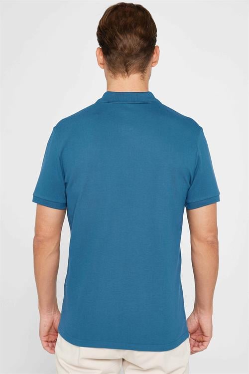 Erkek Slim Fit Dar Kesim %100 Pamuk Düz Pike Petrol Renk Polo Yaka Tişört