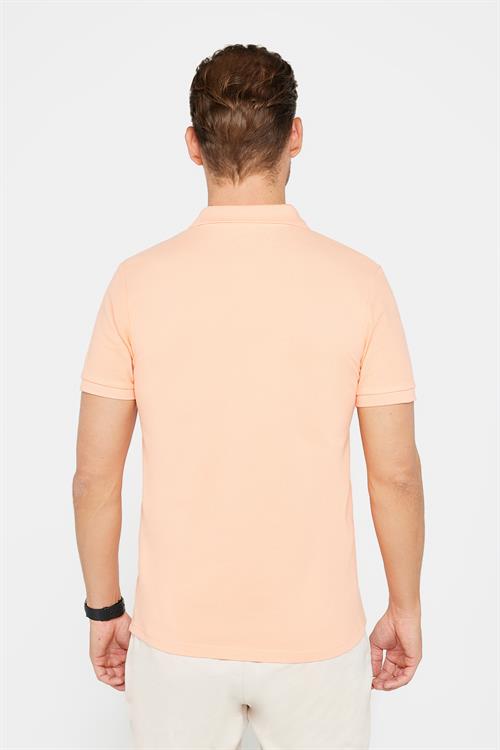 Erkek Slim Fit Dar Kesim %100 Pamuk Düz Pike Somon Renk Polo Yaka Tişört