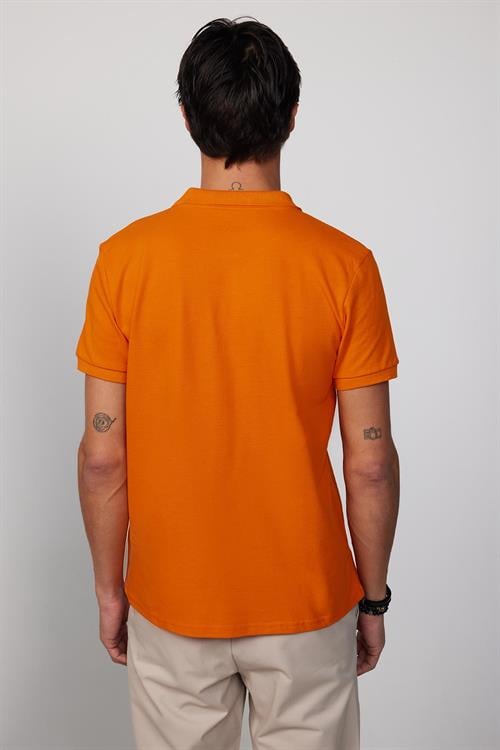 Erkek Slim Fit Dar Kesim %100 Pamuk Düz Pike Turuncu Polo Yaka Tişört