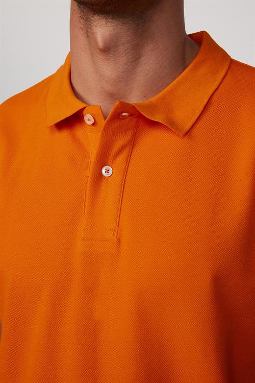 Erkek Slim Fit Dar Kesim %100 Pamuk Düz Pike Turuncu Polo Yaka Tişört