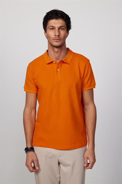 Erkek Slim Fit Dar Kesim %100 Pamuk Düz Pike Turuncu Polo Yaka Tişört