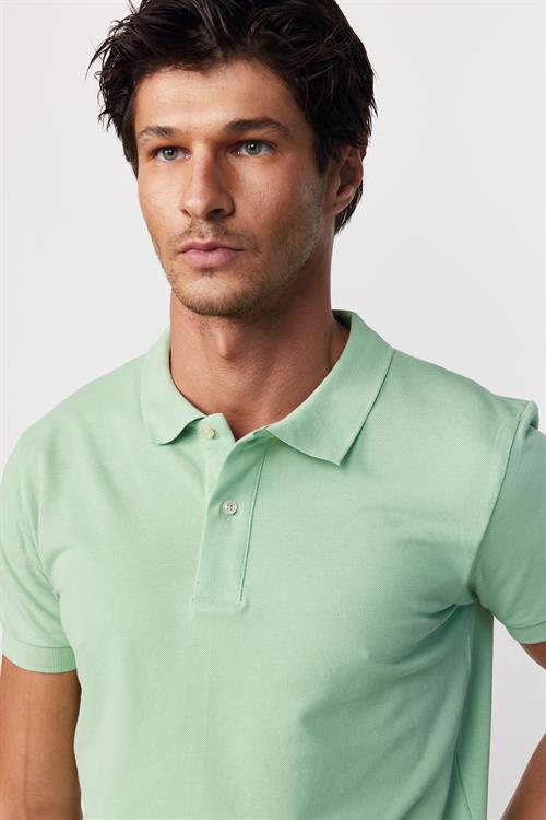 Erkek Slim Fit Dar Kesim %100 Pamuk Düz Pike Yeşil Polo Yaka Tişört