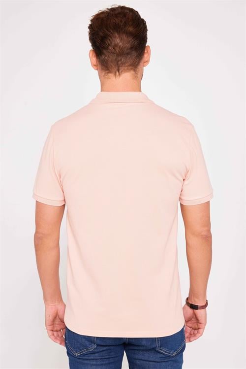 Erkek Slim Fit Dar Kesim %100 Pamuk Düz Pike Somon Renk Polo Yaka Tişört