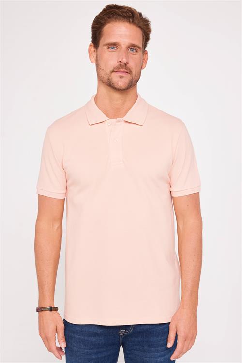 Erkek Slim Fit Dar Kesim %100 Pamuk Düz Pike Somon Renk Polo Yaka Tişört