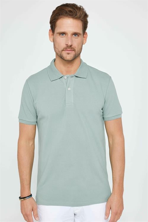 Erkek Slim Fit Dar Kesim %100 Pamuk Düz Pike Mint Polo Yaka Tişört