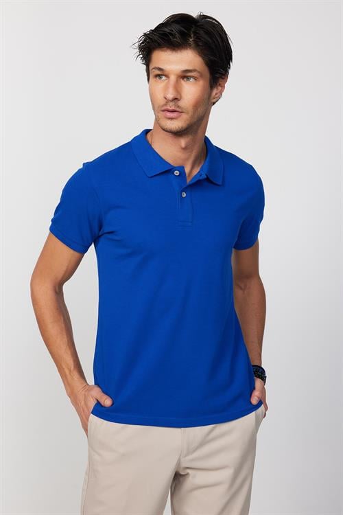 Erkek Slim Fit Dar Kesim %100 Pamuk Düz Pike Sax Mavi Polo Yaka Tişört