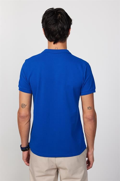 Erkek Slim Fit Dar Kesim %100 Pamuk Düz Pike Sax Mavi Polo Yaka Tişört
