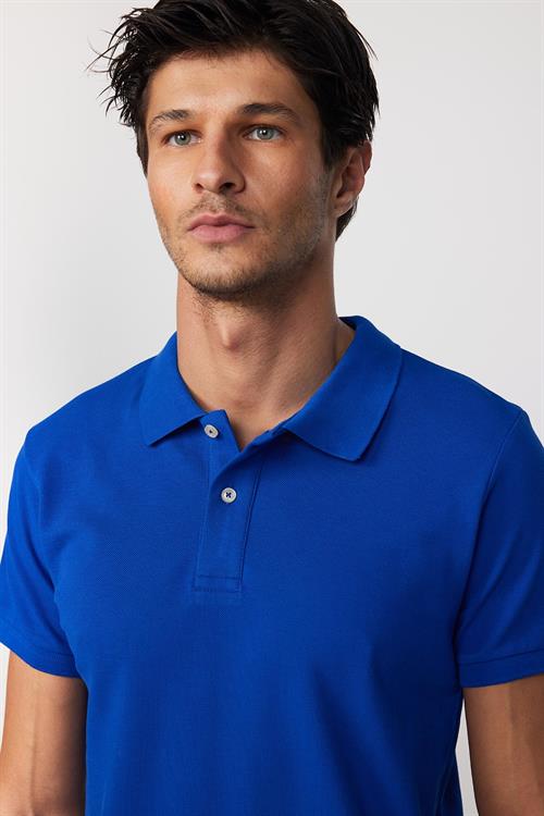 Erkek Slim Fit Dar Kesim %100 Pamuk Düz Pike Sax Mavi Polo Yaka Tişört