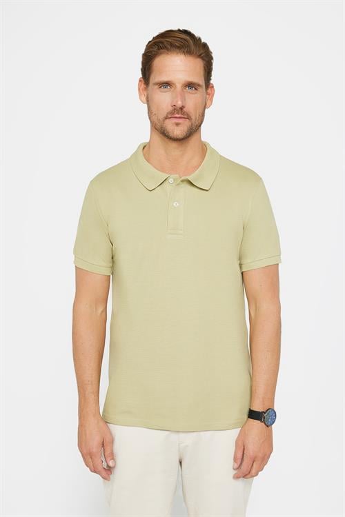 Erkek Slim Fit Dar Kesim %100 Pamuk Düz Pike Yeşil Polo Yaka Tişört