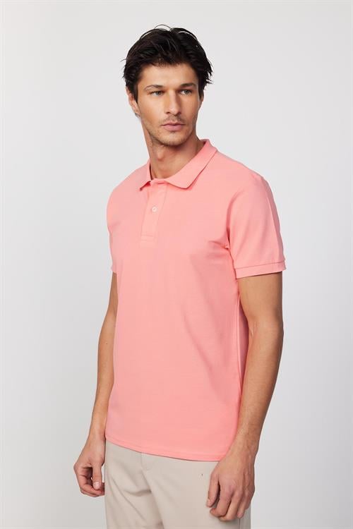Erkek Slim Fit Dar Kesim %100 Pamuk Düz Pike Pembe Polo Yaka Tişört