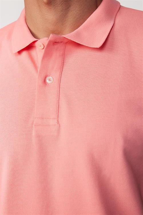 Erkek Slim Fit Dar Kesim %100 Pamuk Düz Pike Pembe Polo Yaka Tişört