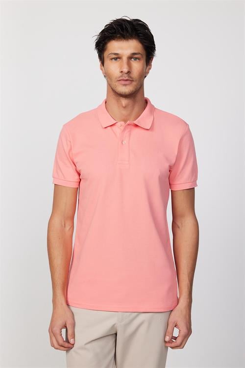 Erkek Slim Fit Dar Kesim %100 Pamuk Düz Pike Pembe Polo Yaka Tişört