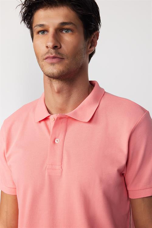 Erkek Slim Fit Dar Kesim %100 Pamuk Düz Pike Pembe Polo Yaka Tişört