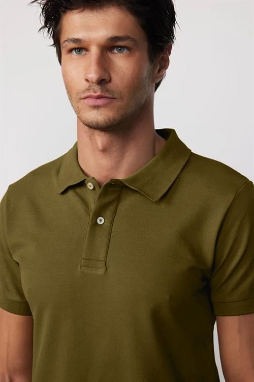Erkek Slim Fit Dar Kesim %100 Pamuk Düz Pike Haki Polo Yaka Tişört