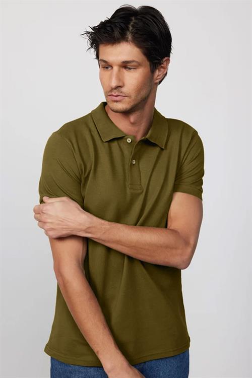 Erkek Slim Fit Dar Kesim %100 Pamuk Düz Pike Haki Polo Yaka Tişört