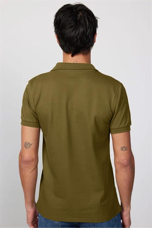 Erkek Slim Fit Dar Kesim %100 Pamuk Düz Pike Haki Polo Yaka Tişört