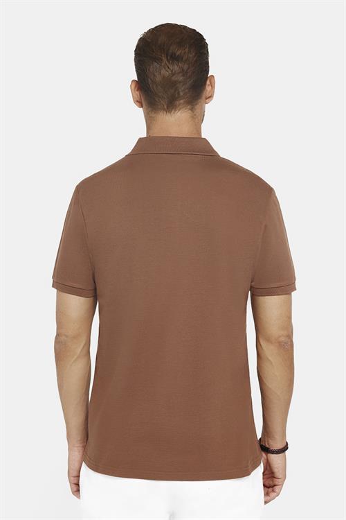 Erkek Slim Fit Dar Kesim %100 Pamuk Düz Pike Kahverengi Polo Yaka Tişört