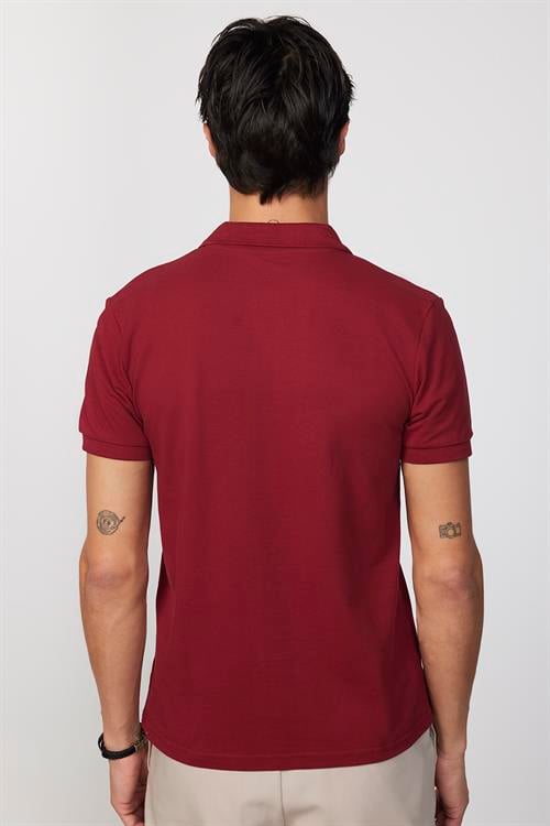 Erkek Slim Fit Dar Kesim %100 Pamuk Düz Pike Bordo Polo Yaka Tişört
