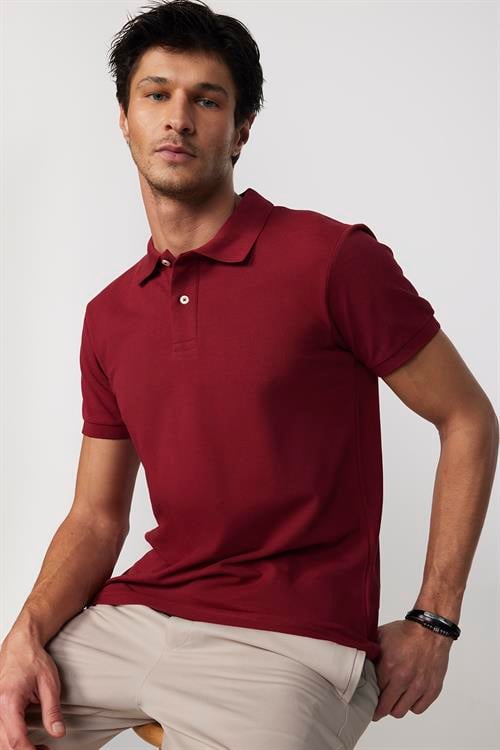 Erkek Slim Fit Dar Kesim %100 Pamuk Düz Pike Bordo Polo Yaka Tişört