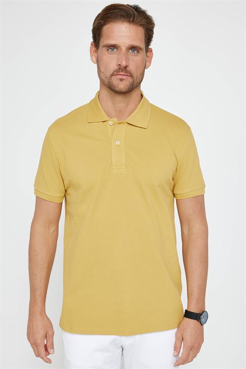 Erkek Slim Fit Dar Kesim %100 Pamuk Düz Pike Hardal Polo Yaka Tişört