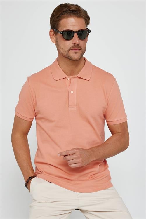 Erkek Slim Fit Dar Kesim %100 Pamuk Düz Pike Mercan Polo Yaka Tişört