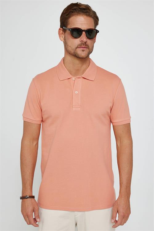 Erkek Slim Fit Dar Kesim %100 Pamuk Düz Pike Mercan Polo Yaka Tişört