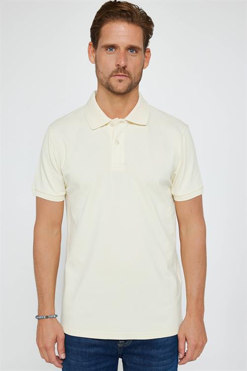 Erkek Slim Fit Dar Kesim %100 Pamuk Düz Pike Krem Renk Polo Yaka Tişört