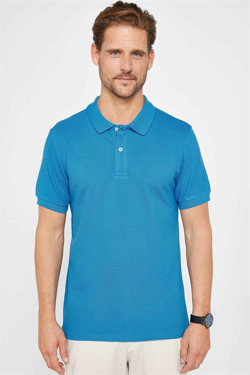 Erkek Slim Fit Dar Kesim %100 Pamuk Düz Pike Mavi Polo Yaka Tişört