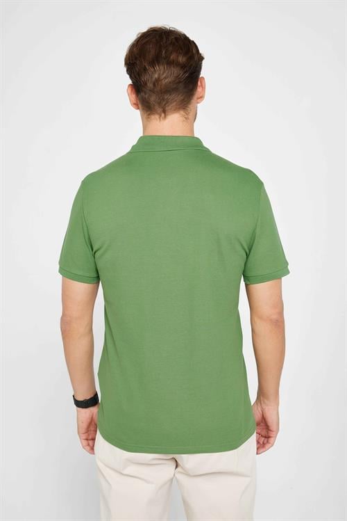 Erkek Slim Fit Dar Kesim %100 Pamuk Düz Pike Yeşil Polo Yaka Tişört
