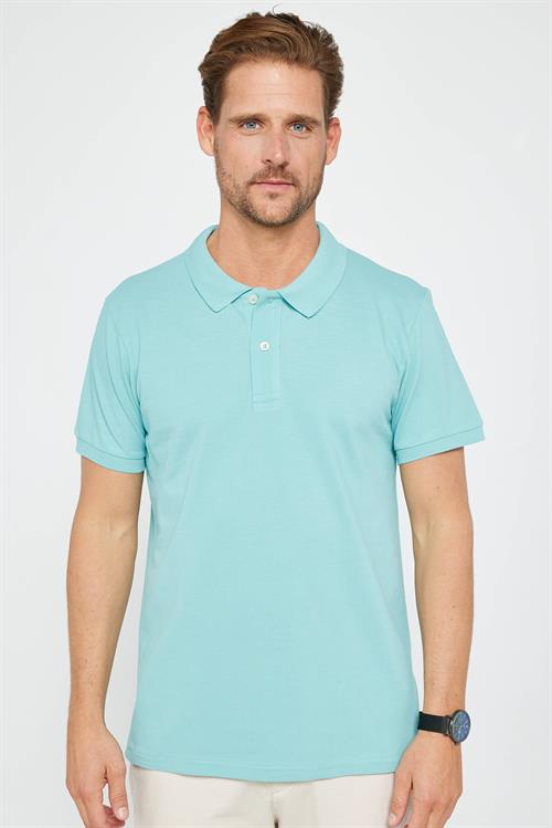 Erkek Slim Fit Dar Kesim %100 Pamuk Düz Pike Mint Polo Yaka Tişört