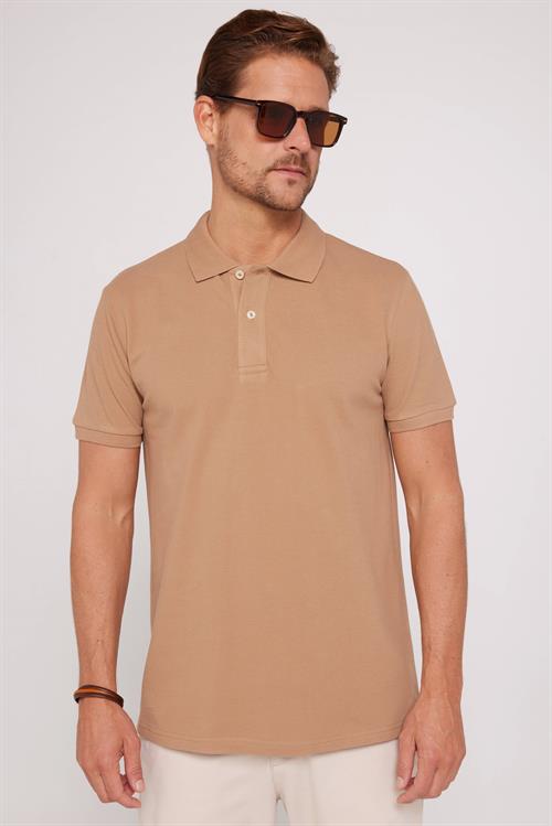 Erkek Slim Fit Dar Kesim %100 Pamuk Düz Pike Kahverengi Polo Yaka Tişört
