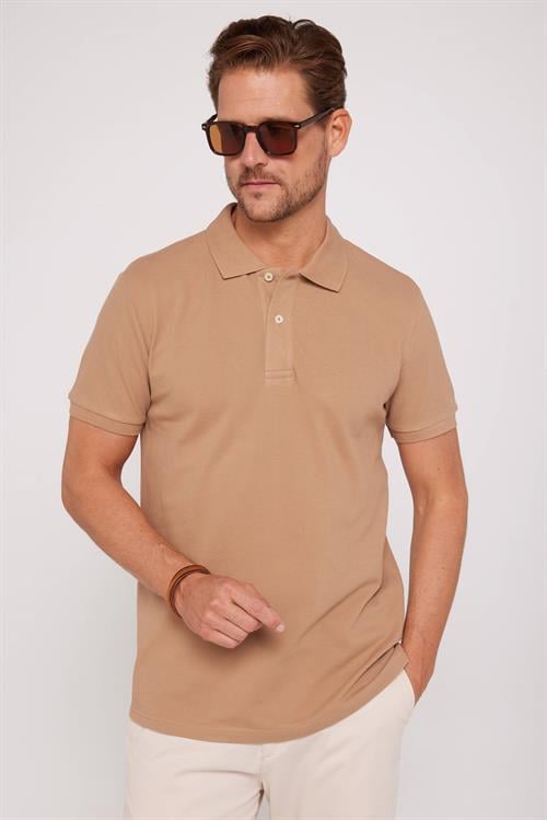 Erkek Slim Fit Dar Kesim %100 Pamuk Düz Pike Kahverengi Polo Yaka Tişört