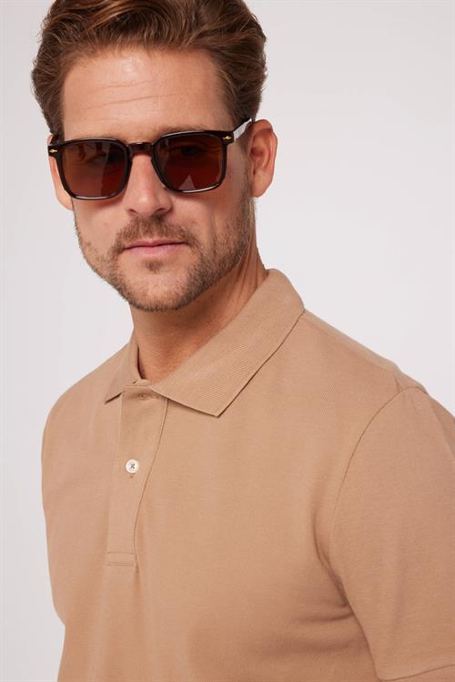 Erkek Slim Fit Dar Kesim %100 Pamuk Düz Pike Kahverengi Polo Yaka Tişört