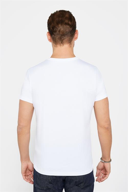 Erkek Slim Fit Dar Kesim %100 Pamuk Yumuşak Dokulu Baskılı Beyaz Bisiklet Yaka Tişört