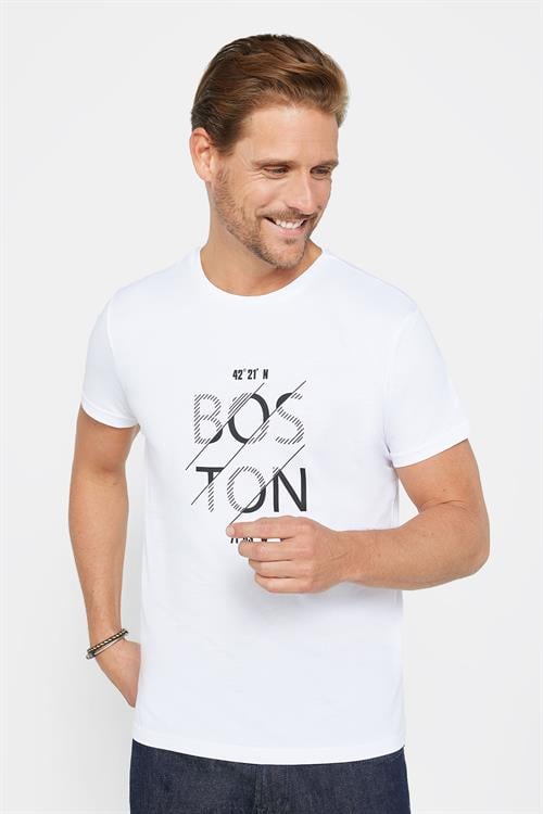 Erkek Slim Fit Dar Kesim %100 Pamuk Yumuşak Dokulu Baskılı Beyaz Bisiklet Yaka Tişört