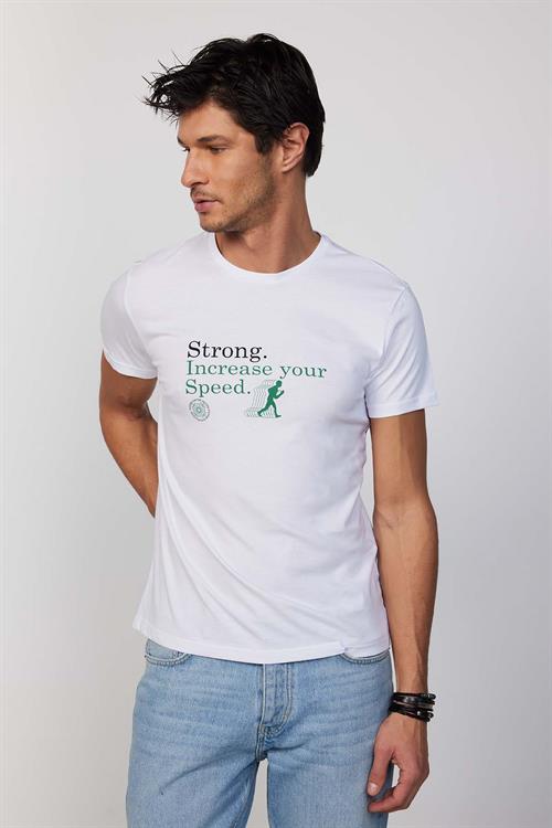 Erkek Slim Fit Dar Kesim %100 Pamuk Yumuşak Dokulu Baskılı Beyaz Bisiklet Yaka Tişört