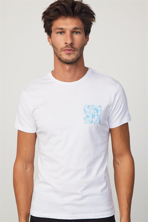 Erkek Slim Fit Dar Kesim %100 Pamuk Yumuşak Dokulu Baskılı Beyaz Bisiklet Yaka Tişört