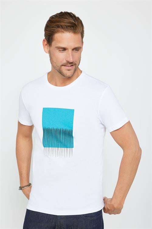 Erkek Slim Fit Dar Kesim %100 Pamuk Yumuşak Dokulu Baskılı Beyaz Bisiklet Yaka Tişört