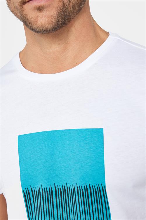 Erkek Slim Fit Dar Kesim %100 Pamuk Yumuşak Dokulu Baskılı Beyaz Bisiklet Yaka Tişört