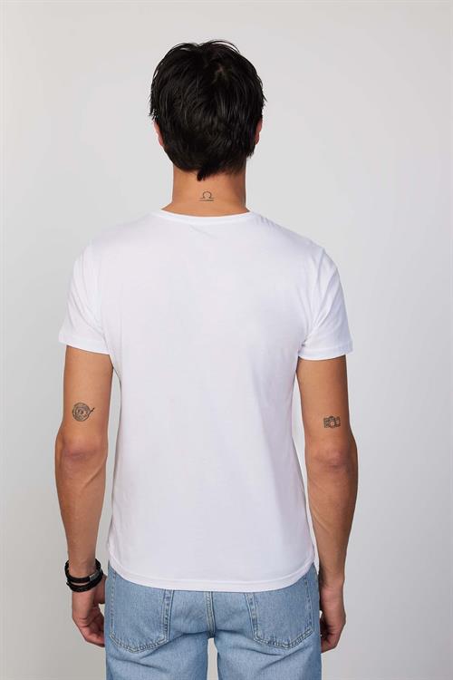 Erkek Slim Fit Dar Kesim %100 Pamuk Yumuşak Dokulu Baskılı Beyaz Bisiklet Yaka Tişört