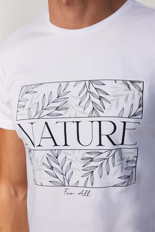 Erkek Slim Fit Dar Kesim %100 Pamuk Yumuşak Dokulu Baskılı Beyaz Bisiklet Yaka Tişört