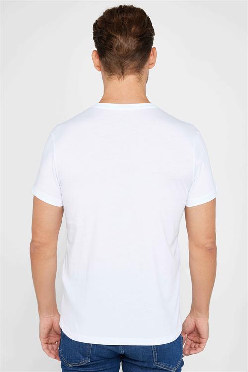 Erkek Slim Fit Dar Kesim %100 Pamuk Yumuşak Dokulu Baskılı Beyaz Bisiklet Yaka Tişört