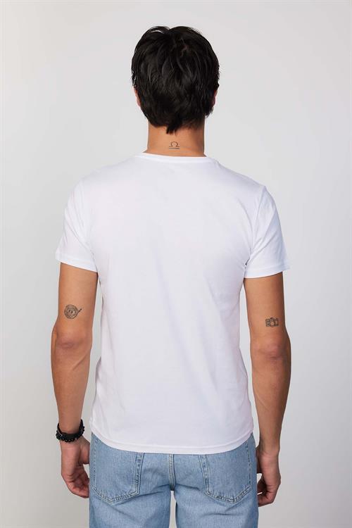Erkek Slim Fit Dar Kesim %100 Pamuk Yumuşak Dokulu Baskılı Beyaz Bisiklet Yaka Tişört