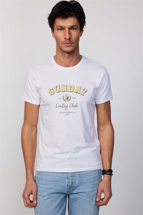 Erkek Slim Fit Dar Kesim %100 Pamuk Yumuşak Dokulu Baskılı Beyaz Bisiklet Yaka Tişört