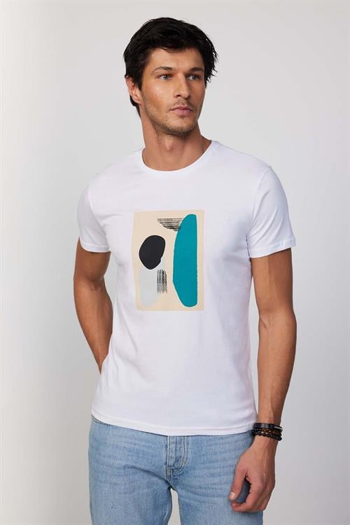 Erkek Slim Fit Dar Kesim %100 Pamuk Yumuşak Dokulu Baskılı Beyaz Bisiklet Yaka Tişört
