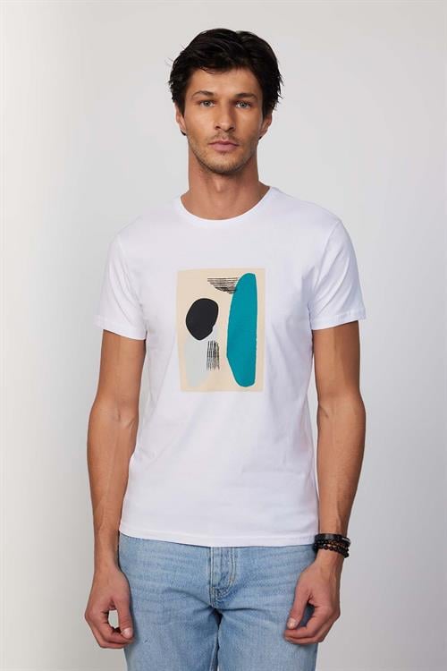 Erkek Slim Fit Dar Kesim %100 Pamuk Yumuşak Dokulu Baskılı Beyaz Bisiklet Yaka Tişört