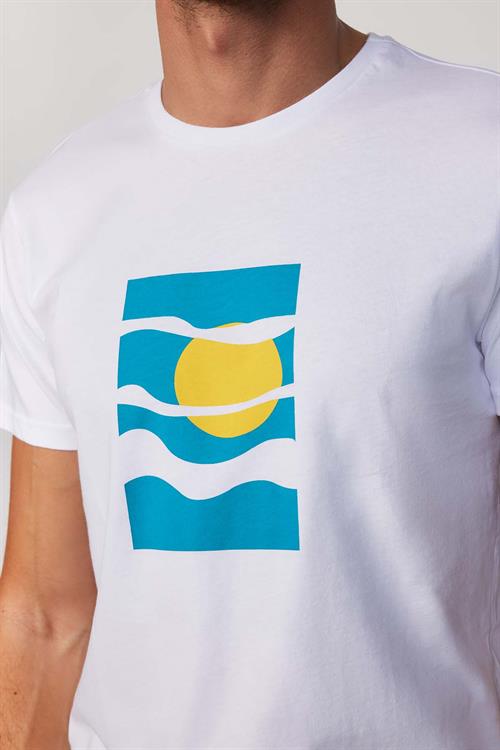 Erkek Slim Fit Dar Kesim %100 Pamuk Yumuşak Dokulu Baskılı Beyaz Bisiklet Yaka Tişört