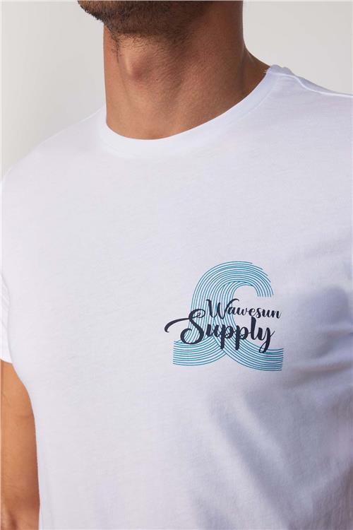 Erkek Slim Fit Dar Kesim %100 Pamuk Yumuşak Dokulu Baskılı Beyaz Bisiklet Yaka Tişört