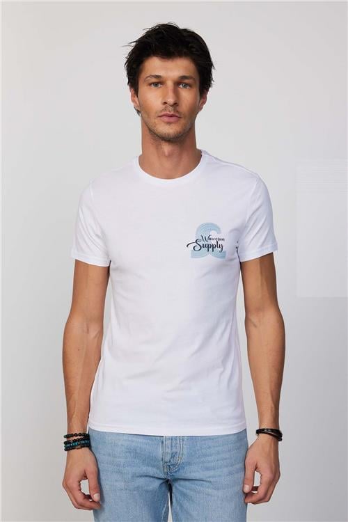 Erkek Slim Fit Dar Kesim %100 Pamuk Yumuşak Dokulu Baskılı Beyaz Bisiklet Yaka Tişört